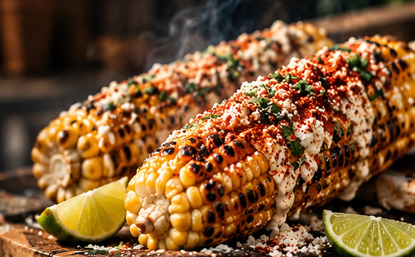 Two grilled elotes topped with crema, cotija, chili powder, and cilantro, served with lime wedges