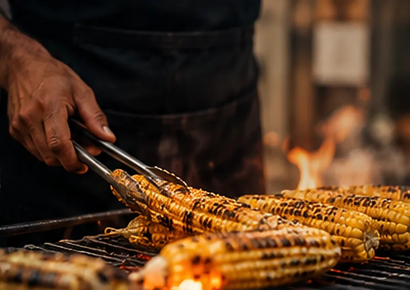 A cook turning ears of corn with tongs over an open flame grill